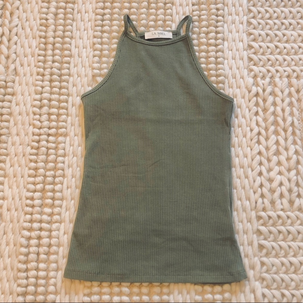 New Olive Green Ribbed Racer Back Top - Picture 4 of 5